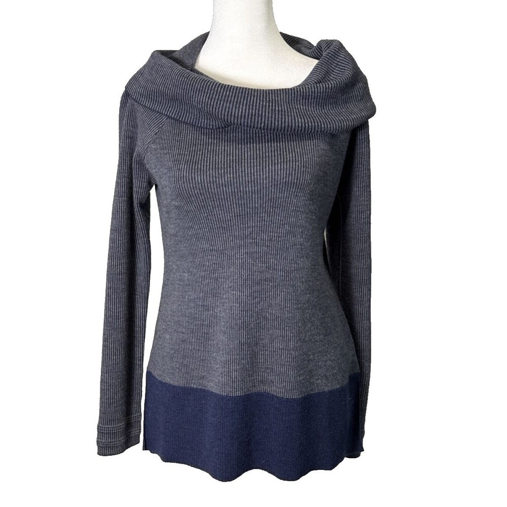 Toad & Co MED Blue Uptown Tunic Sweater 100% Merino Wool Contrast Colorblock Hem